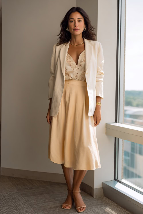 Lace-Trim Camisole Tucked into a Warm Beige Satin-Like Midi with a Light Neutral Tailored Blazer