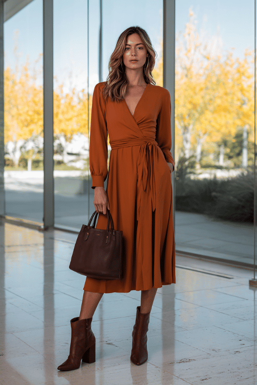Fall Midi Wrap Dress Outfit for Business Casual