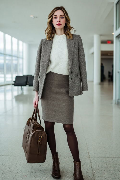 Straight-Cut Gray Wool Pencil Skirt with Soft White Fine Knit, Structured Gray Blazer & Black Tights for Winter Commuting