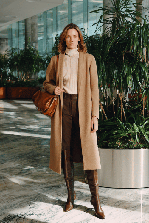 Fall Business-Casual with Boots: Camel Coat and Blush Knit