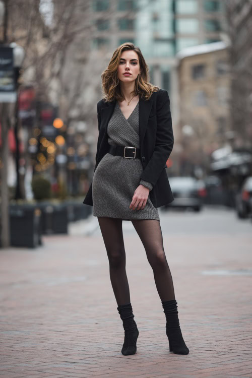 Gray Wrap-Style Knit Dress with Black Tailored Blazer and Bold-Buckle Belt for City Meetings