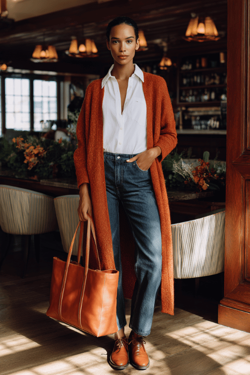 Office-Ready Fall Jeans: A Polished Cardigan-and-Button-Down Formula