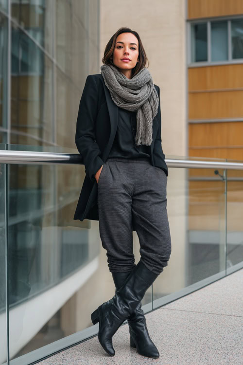 Knee-High Leather Boots with Tailored Trousers, Relaxed-Fit Structured Blazer & Chunky Knit Scarf