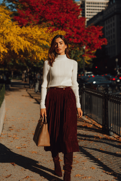 Fall Business-Casual Skirt Outfit: Pleated Midi & Cozy Knit
