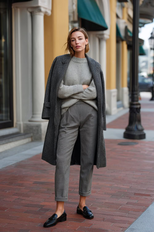 Long Structured Wool Coat with Lightweight Knit, Tailored Cropped Trousers and Leather Loafers for Walking-Heavy Workdays