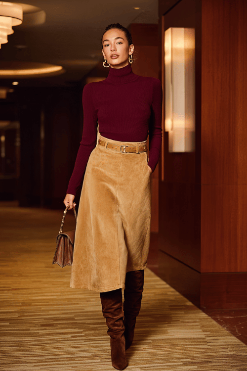 Rust Wrap Midi: Polished Fall Business-Casual for Midsize Women