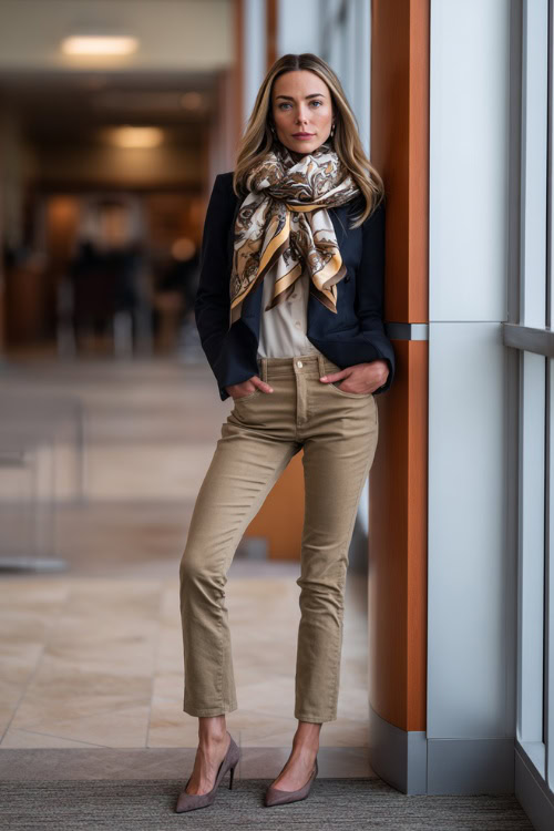Slim Beige Straight-Leg Jeans with Crisp White Blouse & Dark Structured Blazer for Client Meetings