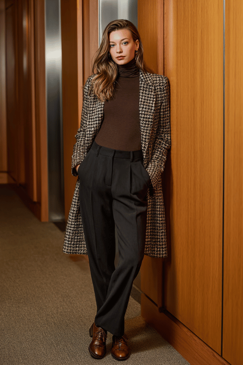 Polished Fall Business-Casual: Chocolate Knit with Houndstooth Longline Blazer