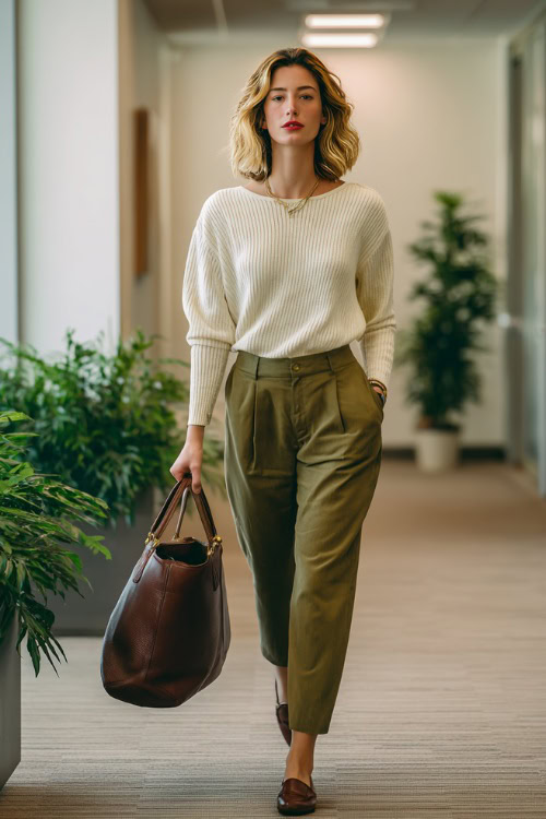 Ivory Knit + Olive Pleats: A Comfortable Fall Business-Casual Formula
