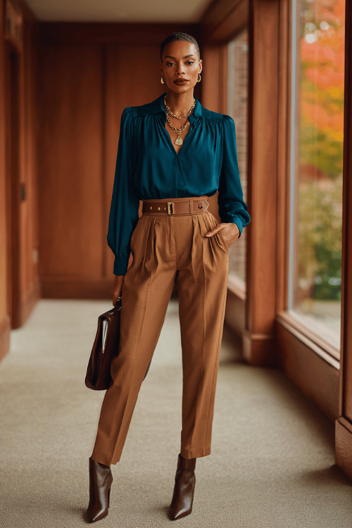 Teal & Caramel: Polished Fall Business-Casual for Women Over 50