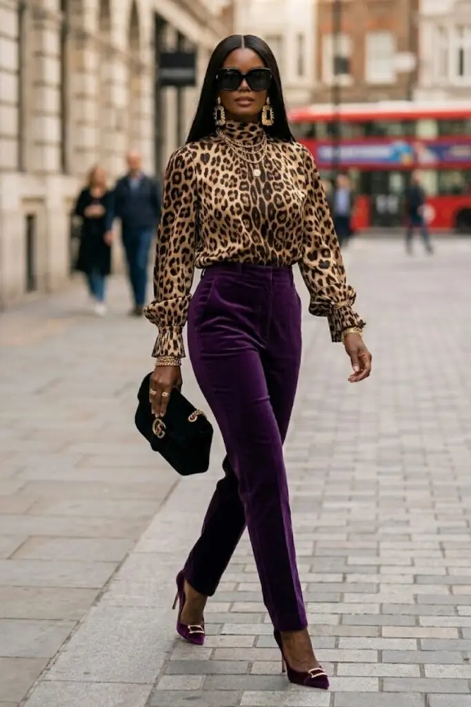 Leopard Accents Anchored by Jewel-Tone Tailoring