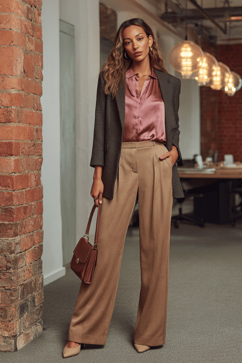 Polished Fall Business-Casual Outfit: Blouse, Wide-Leg Trousers & Blazer