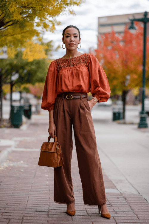 Rust Embroidered Peasant Blouse with High-Waisted Brown Wide-Leg Trousers