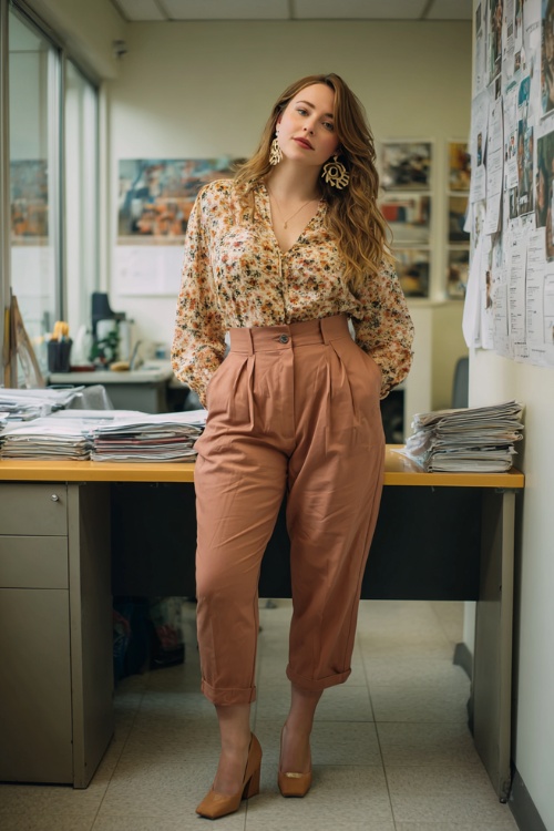 Tucked soft floral long-sleeve blouse with high-waisted tailored trousers and neutral closed-toe block-heel shoes