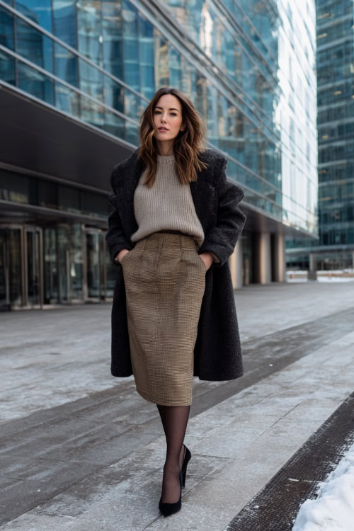 High-Waisted Houndstooth Pencil Skirt with Chunky Neutral Knit and Long Dark Tailored Coat for Cold Commutes