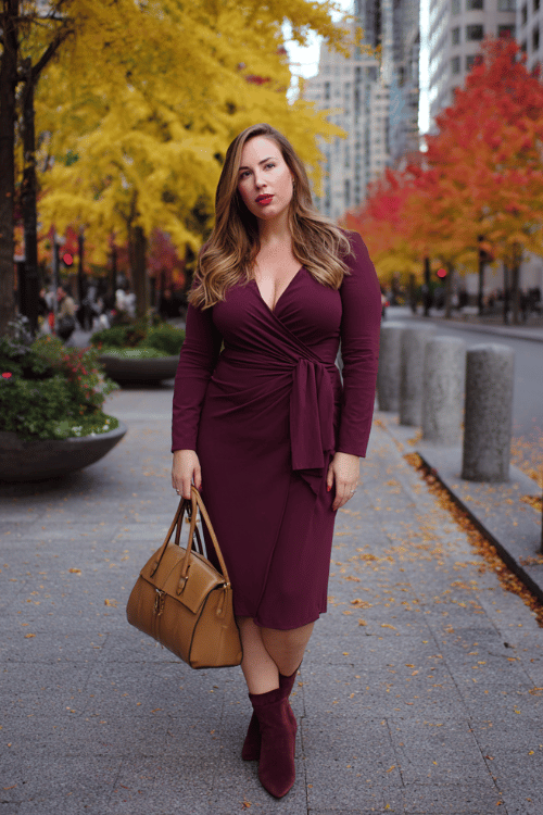 Wine-and-Cognac Wrap Dress: Easy Fall Business‑Casual for Women Over 50