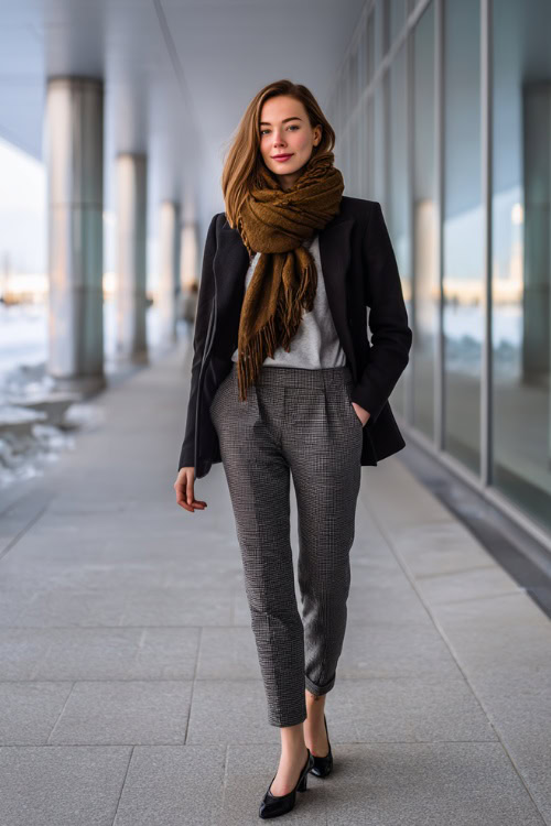 Fitted Structured Blazer with Patterned Slim Ankle-Length Trousers, Soft Scarf and Polished Pointed Flats for Cold Office Mornings