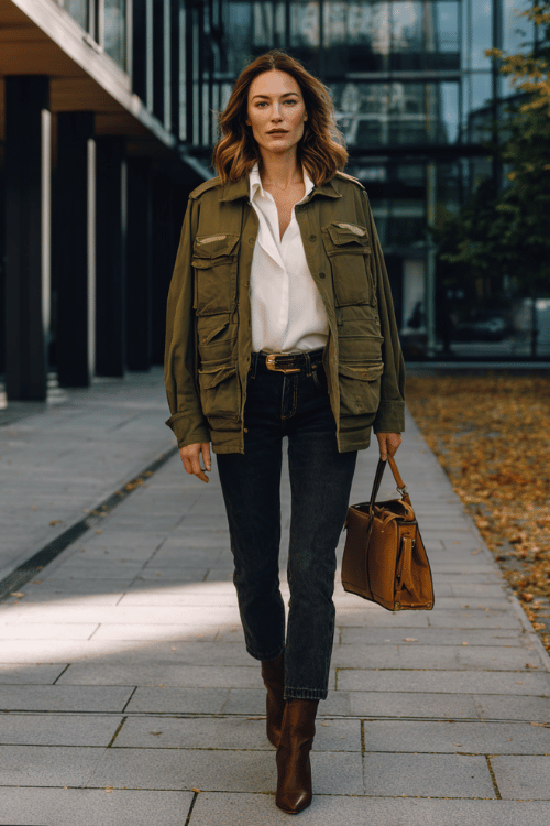 Client-Ready Fall Business Casual with Dark Jeans and an Olive Jacket