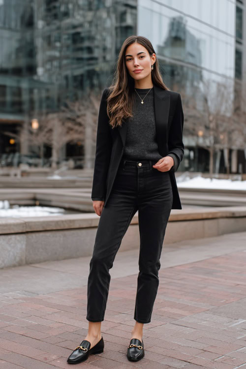 Black Straight-Leg Jeans with Black Tailored Blazer and Loafers with Subtle Hardware