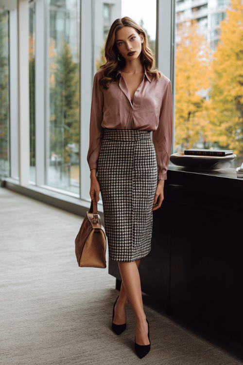 Fall Business-Casual Skirt Edit: Silk Blouse + Checked Midi for Polished Meetings