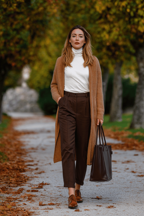 Fall Business-Casual: Charcoal Pinstripe Blazer with Wide-Leg Trousers for Midsize Women