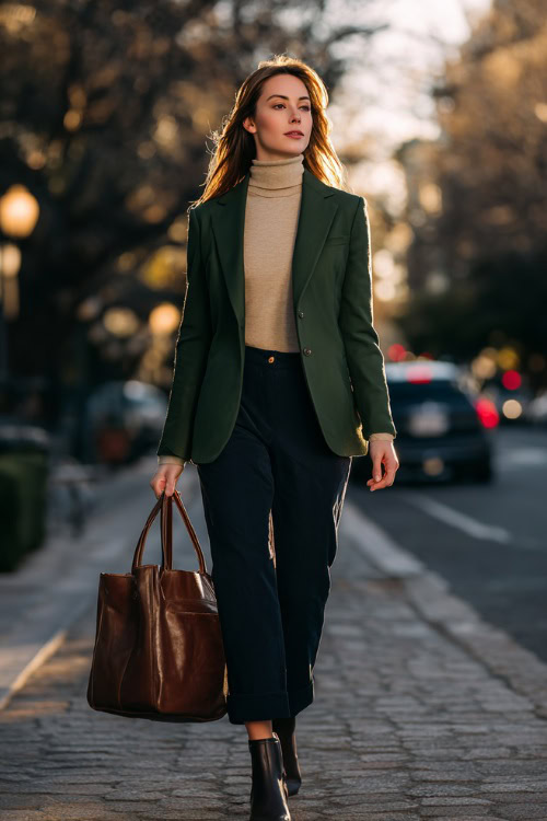Polished-Comfort Fall Outfit: Dark Green Blazer + Cozy Turtleneck