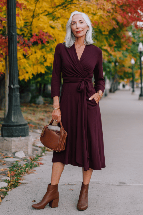 Burgundy Wrap Dress: Fall Business-Casual for Women 60+