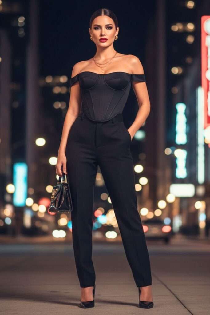 Off-Shoulder Corset and Tailored Trousers with Attitude