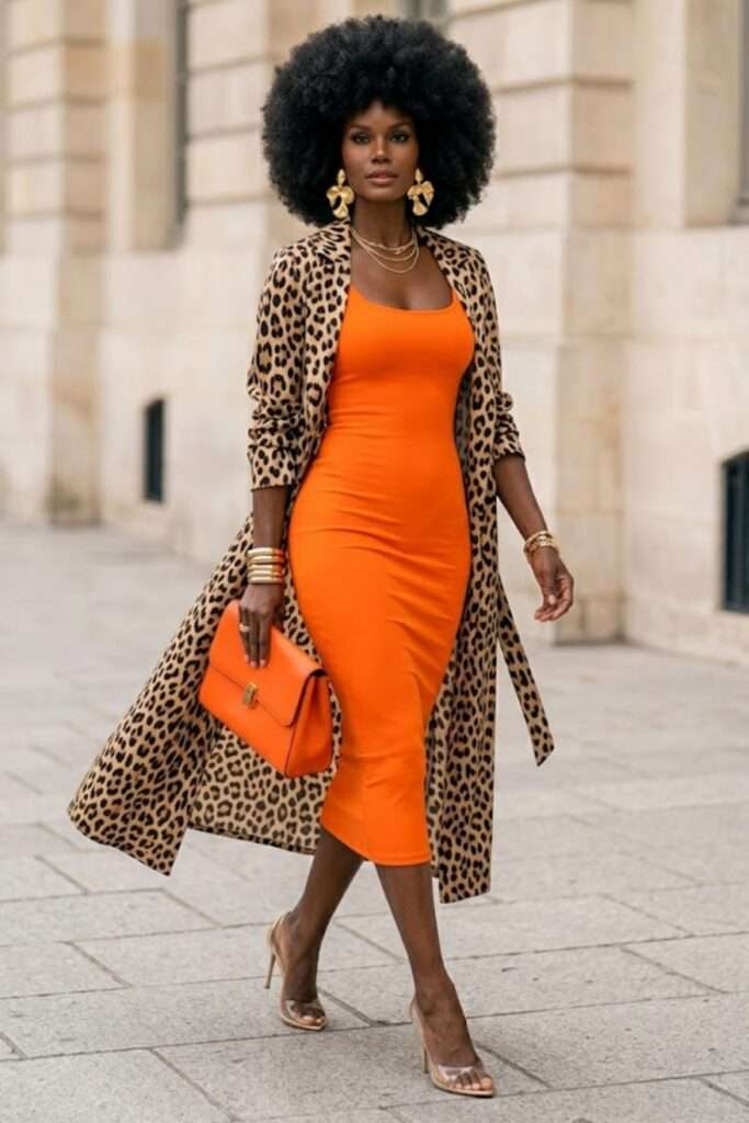 Leopard Coat Meets Vivid Dress for Polished Impact