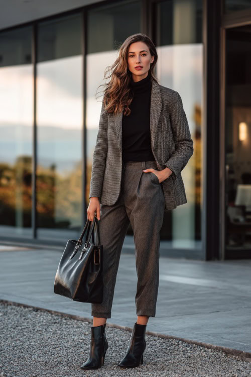 Effortless Fall Work Outfit: Grey Tweed Blazer + Black Turtleneck for Women Over 40
