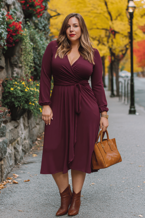 Burgundy Wrap Midi: Effortless Fall Business-Casual for Plus-Size Women Over 40