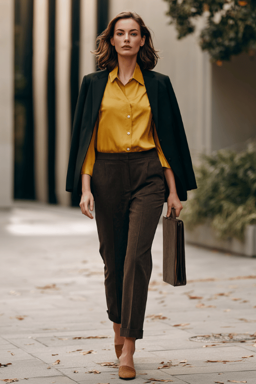 Polished Fall Business-Casual: Ochre Blouse + Tailored Brown Trousers