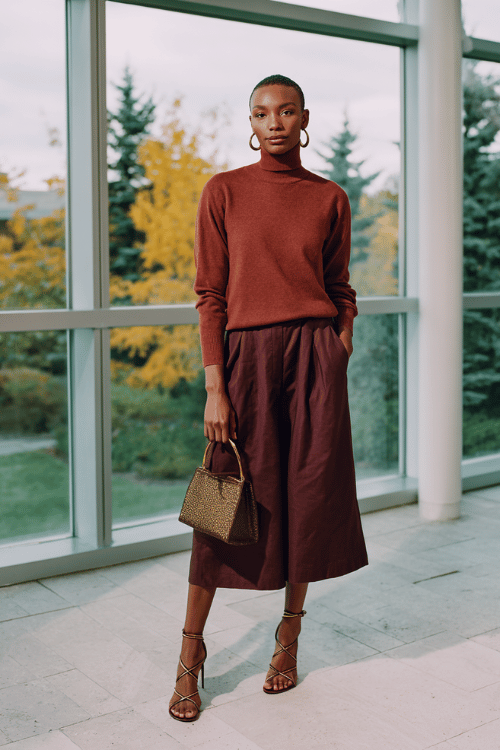 Terracotta Turtleneck + Plum Midi: Fall Business-Casual for Black Women