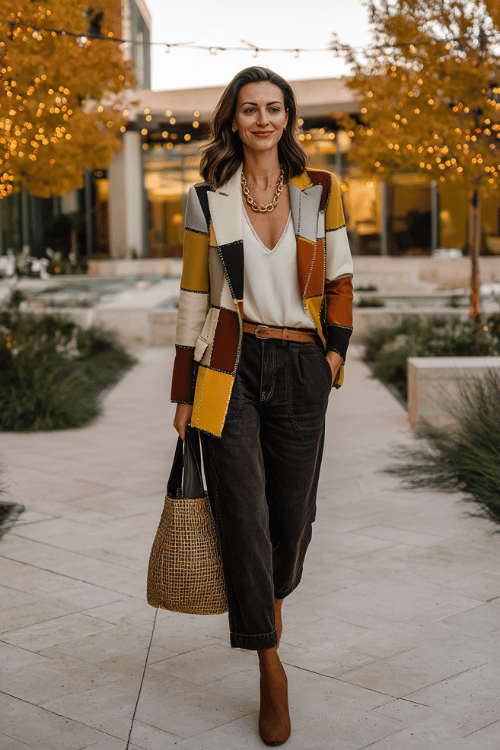 Colorful Patchwork-Style Jacket with Plain White V‑Neck and Dark-Wash Trousers