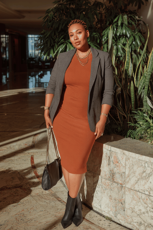 Terracotta Midi and Charcoal Blazer: Classy Fall Business-Casual