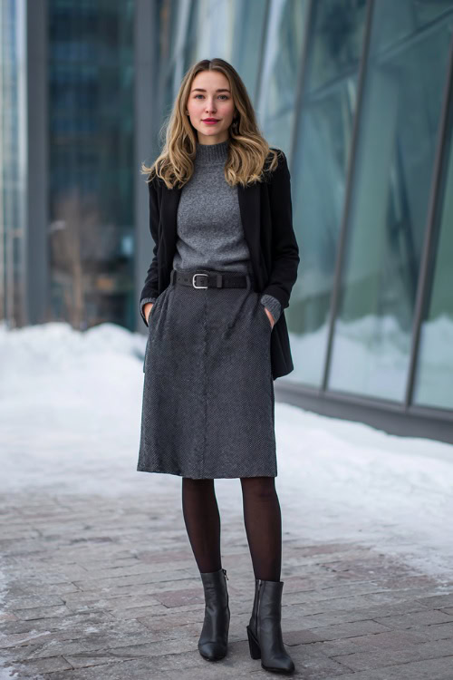 Textured Gray Wool A-Line Midi Skirt with Fitted Gray Turtleneck and Black Belted Blazer