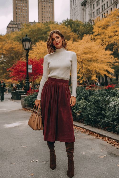 Cream Turtleneck + Burgundy Pleated Midi: Easy Fall Work Outfit for Women Over 50