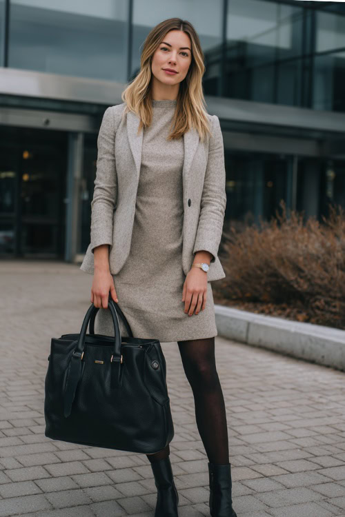 Beige Wool Sheath Midi Dress with Matching Structured Blazer and Black Tights