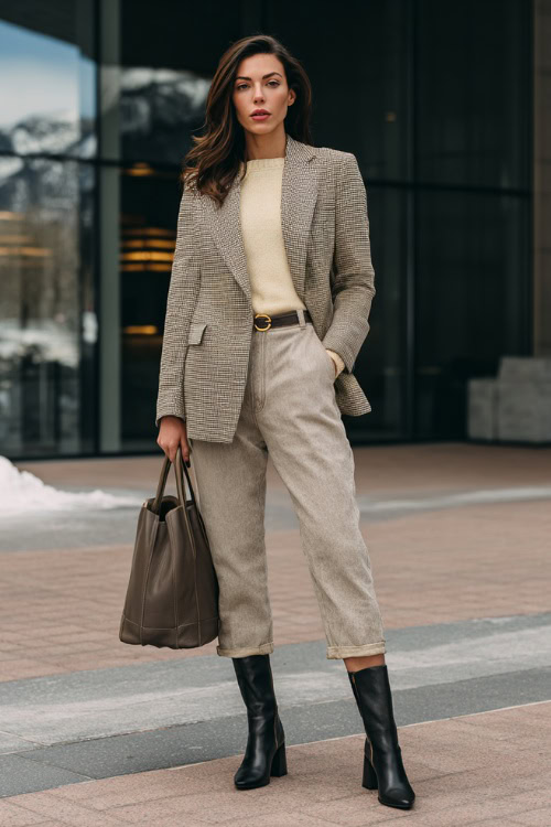 Soft-Neutral Belted Blazer with Ankle-Length Cropped Trousers and Block-Heel Leather Boots