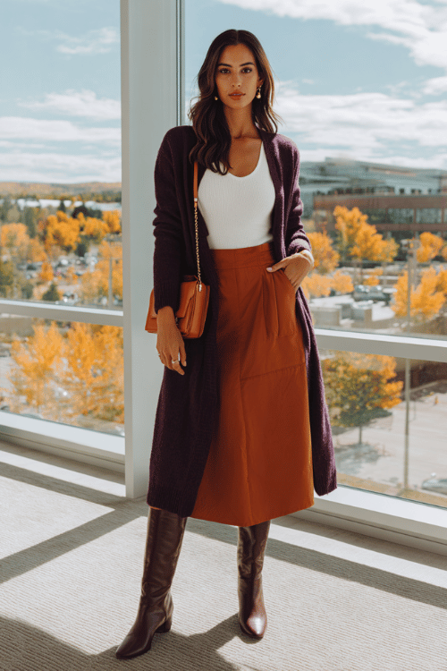 Fall Business-Casual: Midi Skirt, Knee-High Boots & Longline Cardigan