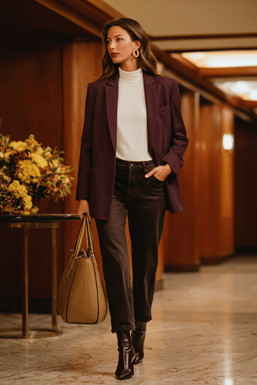 Fall Business-Casual with Jeans: Plum Blazer + Dark Denim That Reads Professional