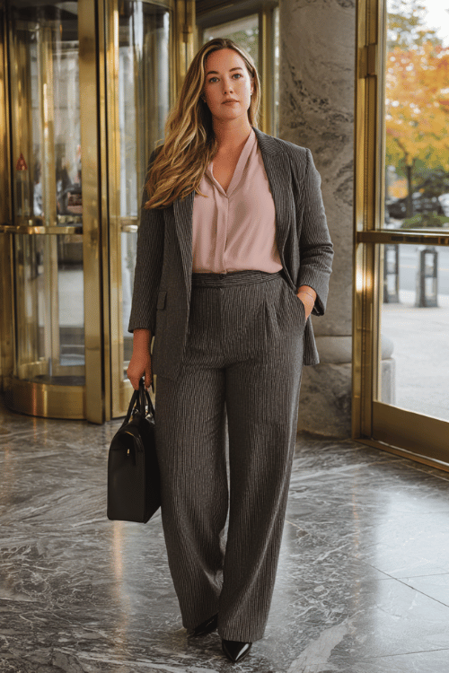 Charcoal Pinstripe Suit & Blush Silk: Fall Business-Casual for Plus-Size Professionals