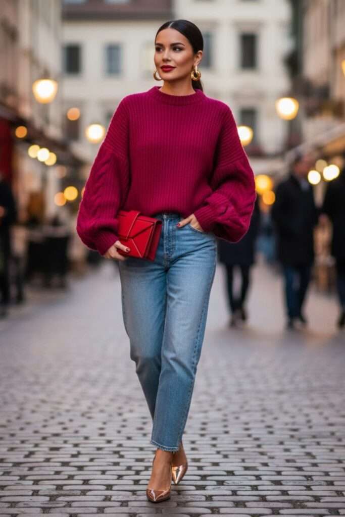 Berry Knit and Blue Jeans: Effortless Valentine Casual