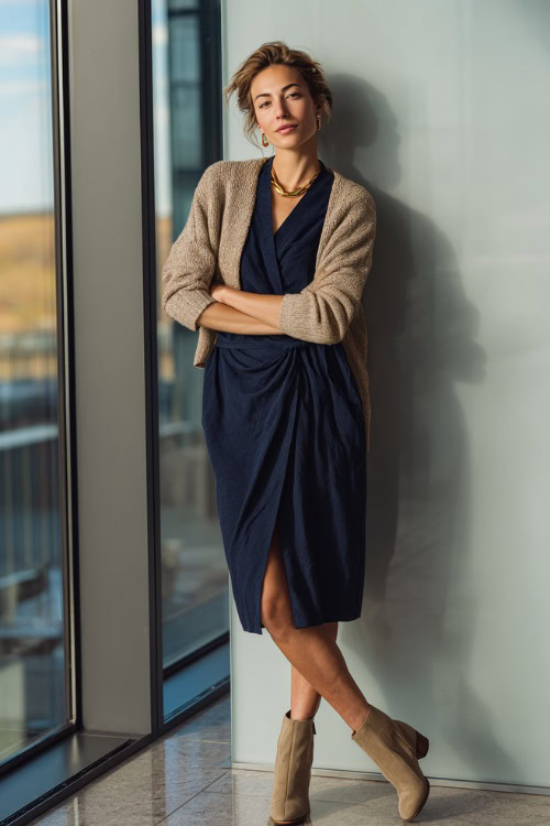 Navy Wrap Dress + Beige Knit Cardigan: Effortless Fall Business-Casual for Women Over 40