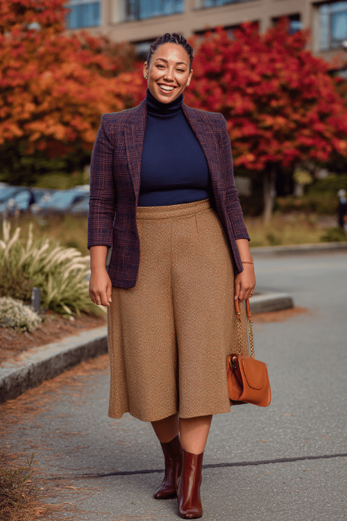 Fall Business-Casual: Navy Turtleneck & Caramel Tweed for Plus-Size Women Over 40