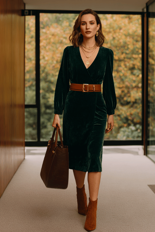Dark Green Velvet Midi Wrap Dress with Wide Tan Leather Belt and Suede Ankle Boots