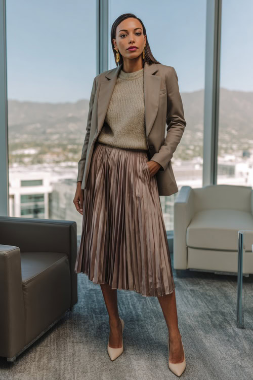 Neutral Knit Sweater Tucked with Pleated Midi Skirt, Tailored Blazer & Pointed-Toe Block-Heel Pumps