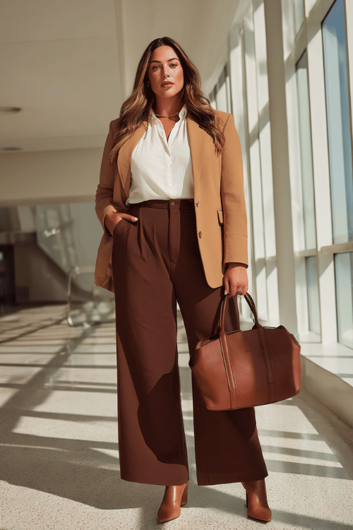 Chic Neutral Layers: Camel Blazer + Chocolate Wide-Leg Trousers