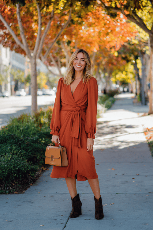 Rust Wrap Dress — Easy Fall Business-Casual for Women Over 50