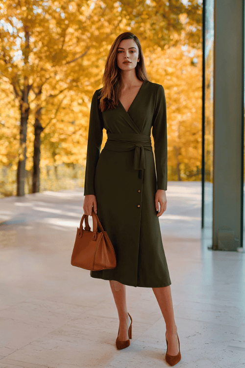 Olive Wrap Dress: A Fall Business‑Casual Look That Carries You From Desk to Drinks